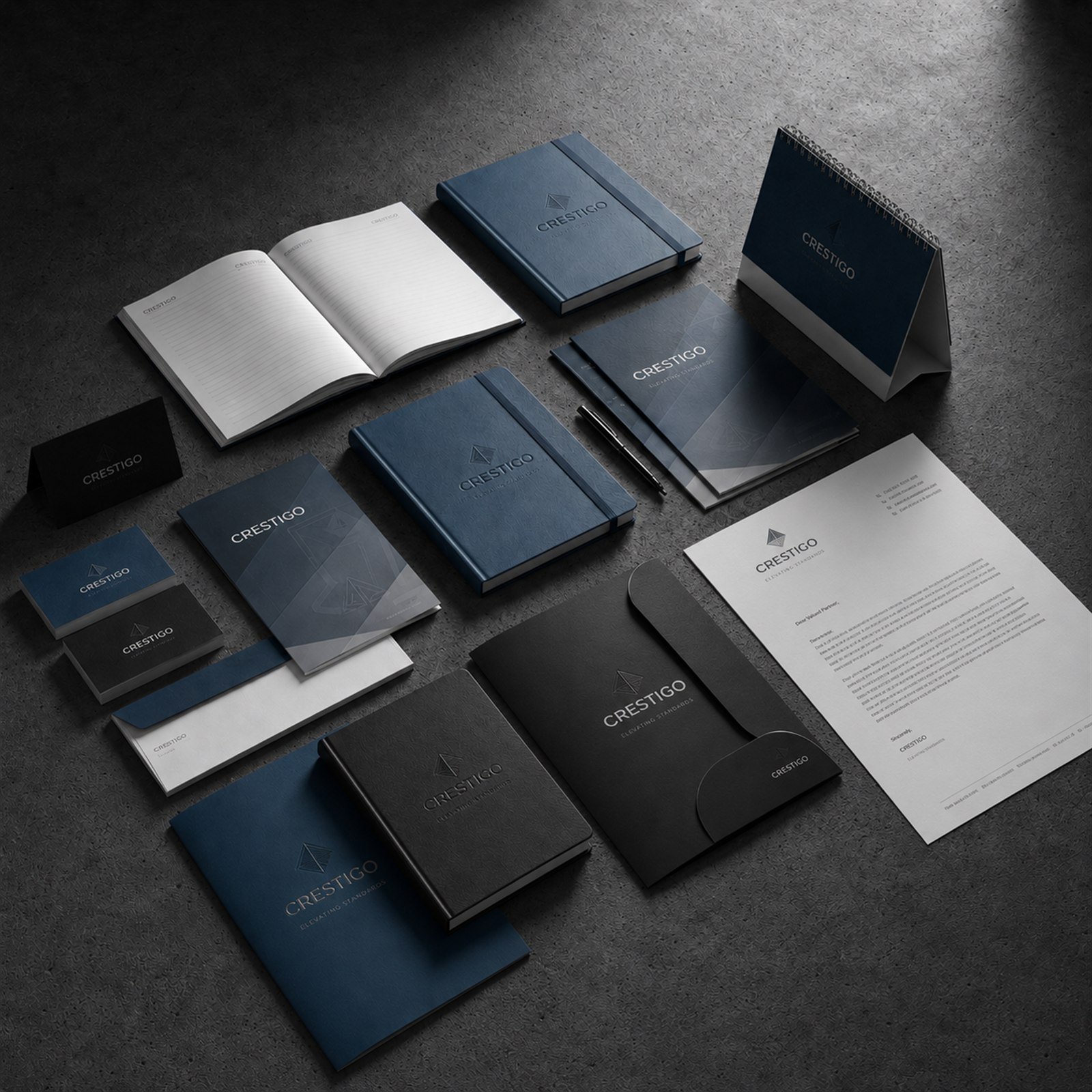 CRESTIGO corporate brand identity stationery suite, including notebooks, business cards, letterhead, folders, envelopes, and desk calendar