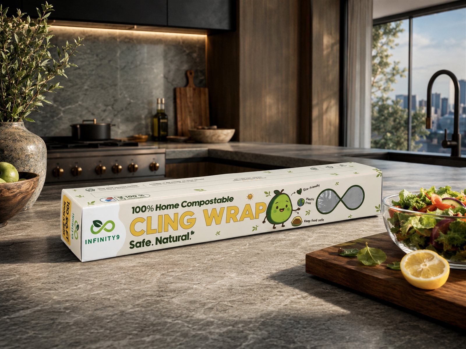 Infinity9 Cycle home compostable cling wrap on a modern kitchen counter, with fresh salad and citywide window light