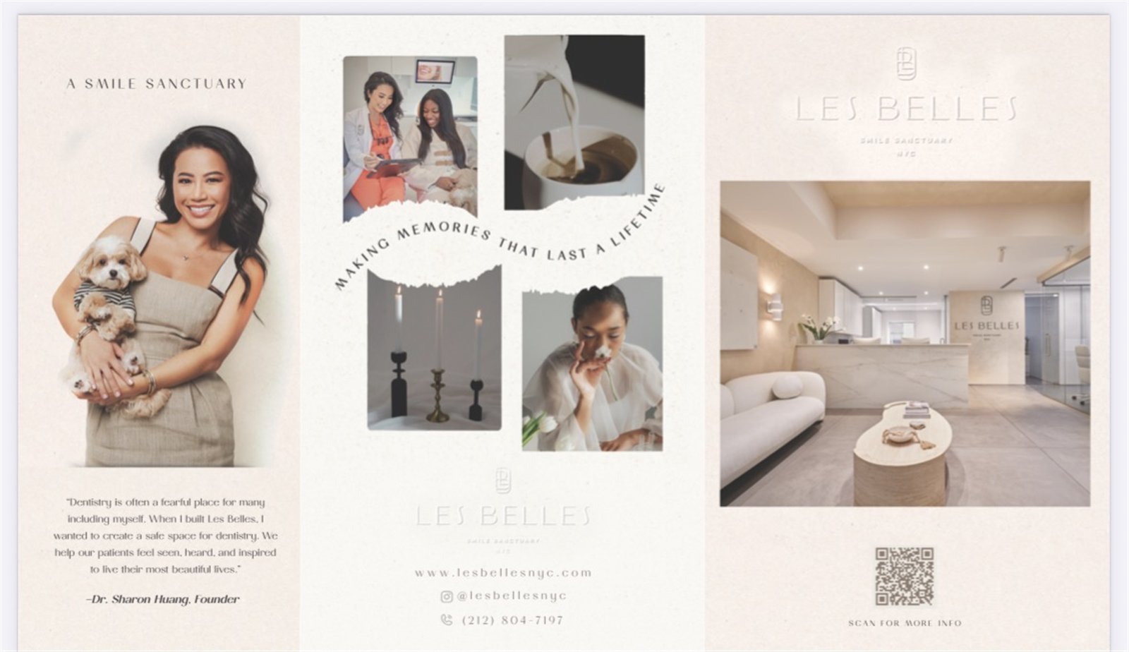 Les Belles NYC Dentistry premium tri-fold pamphlet, monochromatic editorial layout with founder portrait, lifestyle imagery, and clinic interior