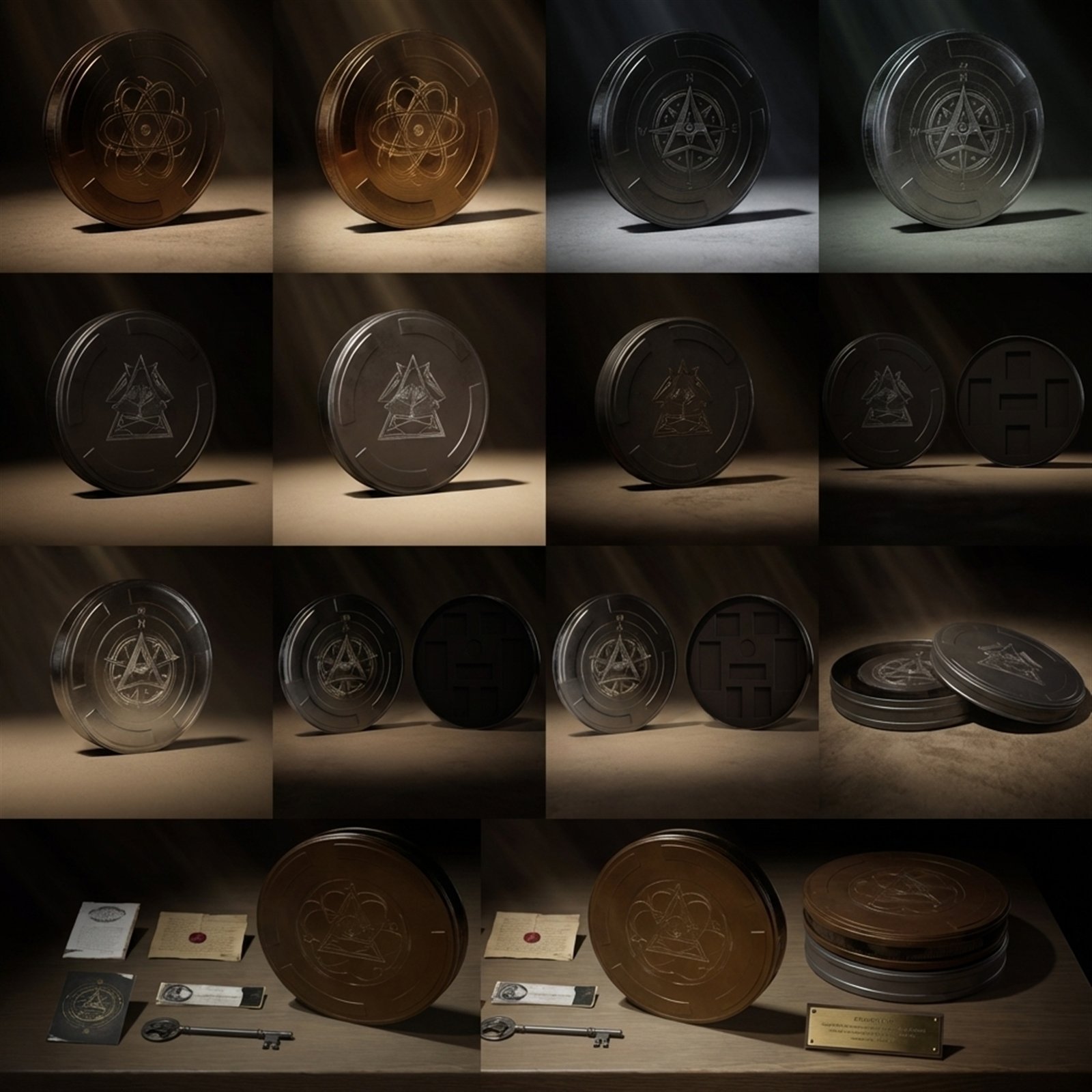 The Medusa Experience film canister grid renders with esoteric symbol engravings, cinematic 3D production by Tesária