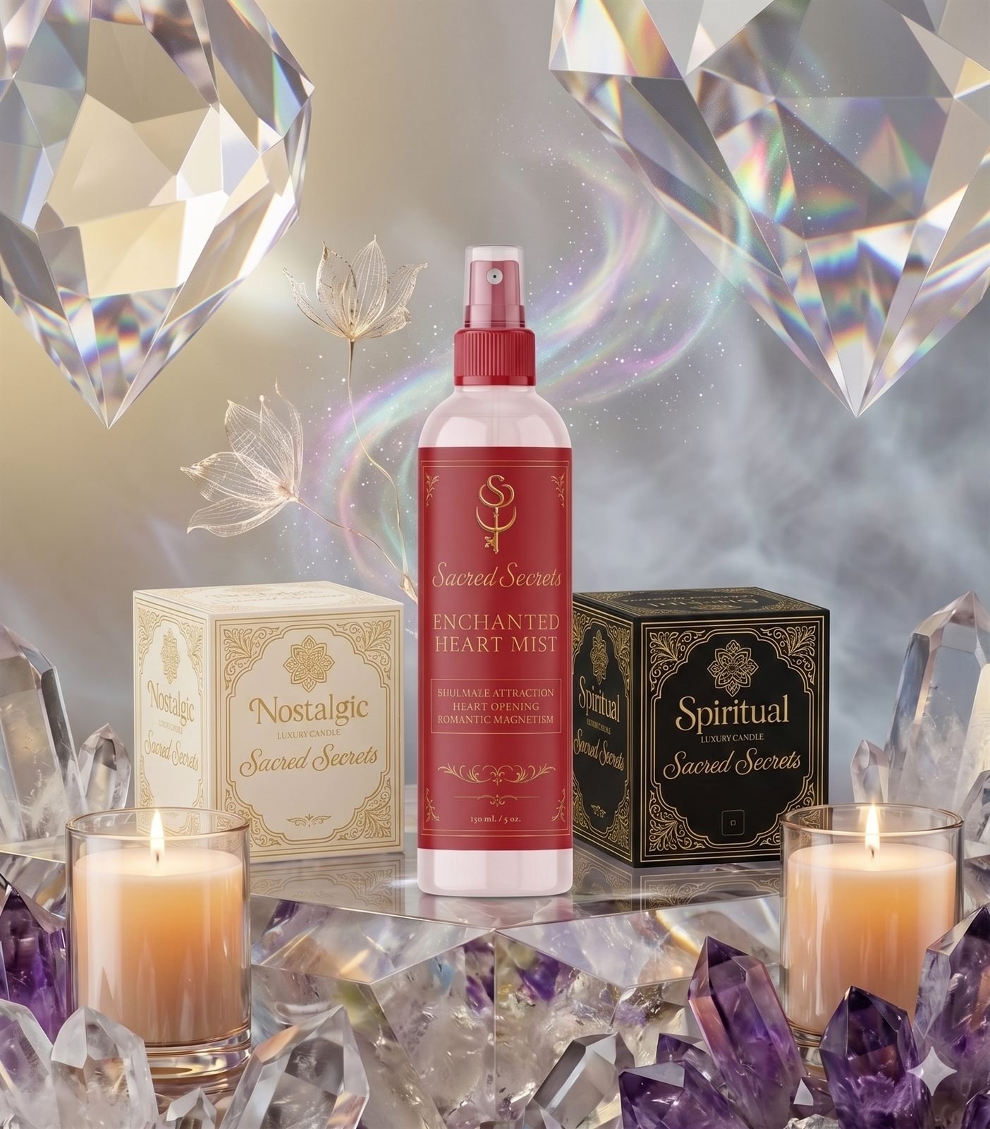 Sacred Secrets luxury packaging system in a crystal still life: a red Enchanted Heart Mist spray bottle flanked by an ivory Nostalgic candle box and a black Spiritual candle box, two lit candles, quartz and amethyst crystals, and prismatic light